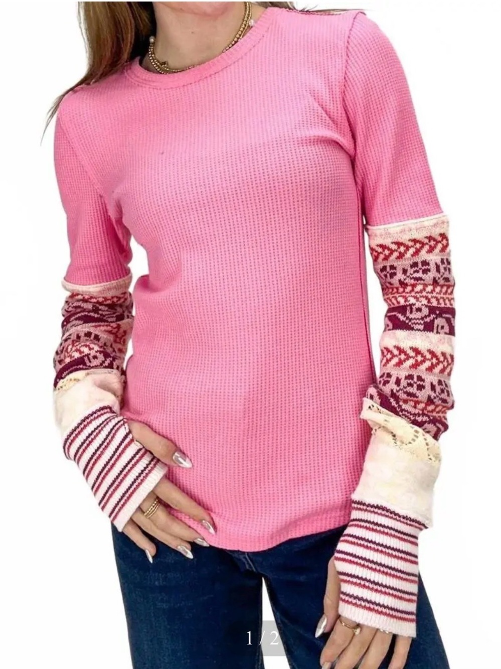 Free People - Pink Waffle Knit Layered Sleeve Long Sleeve Top